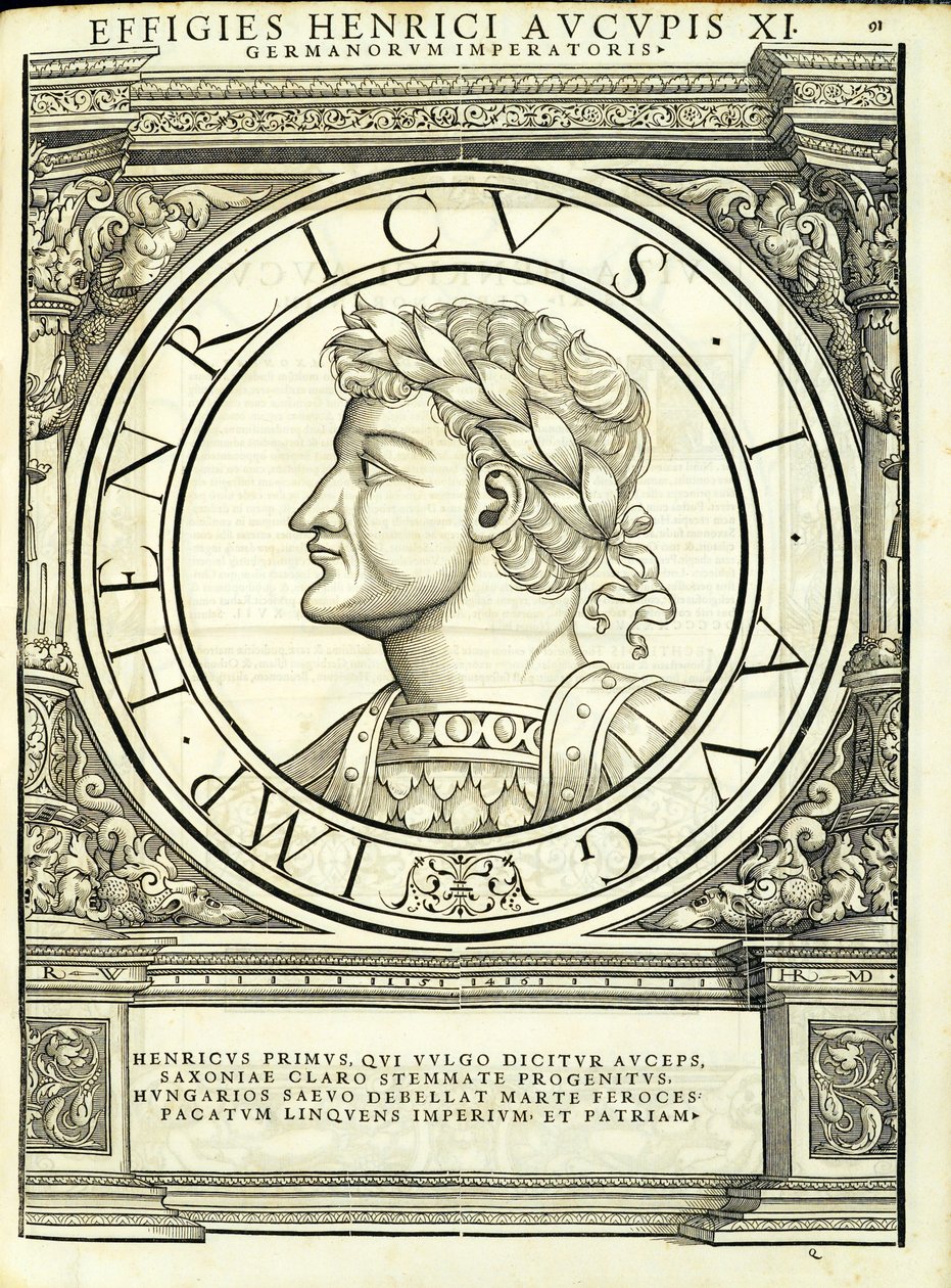 Henryk I Auceps, ilustracja z „Cesarzy rzymskich całego Wschodu i Zachodu”, drzeworyt Rudolpha Wyssenbacha, druk Andreas Gesner, Z autorstwa Hans Rudolf Manuel Deutsch