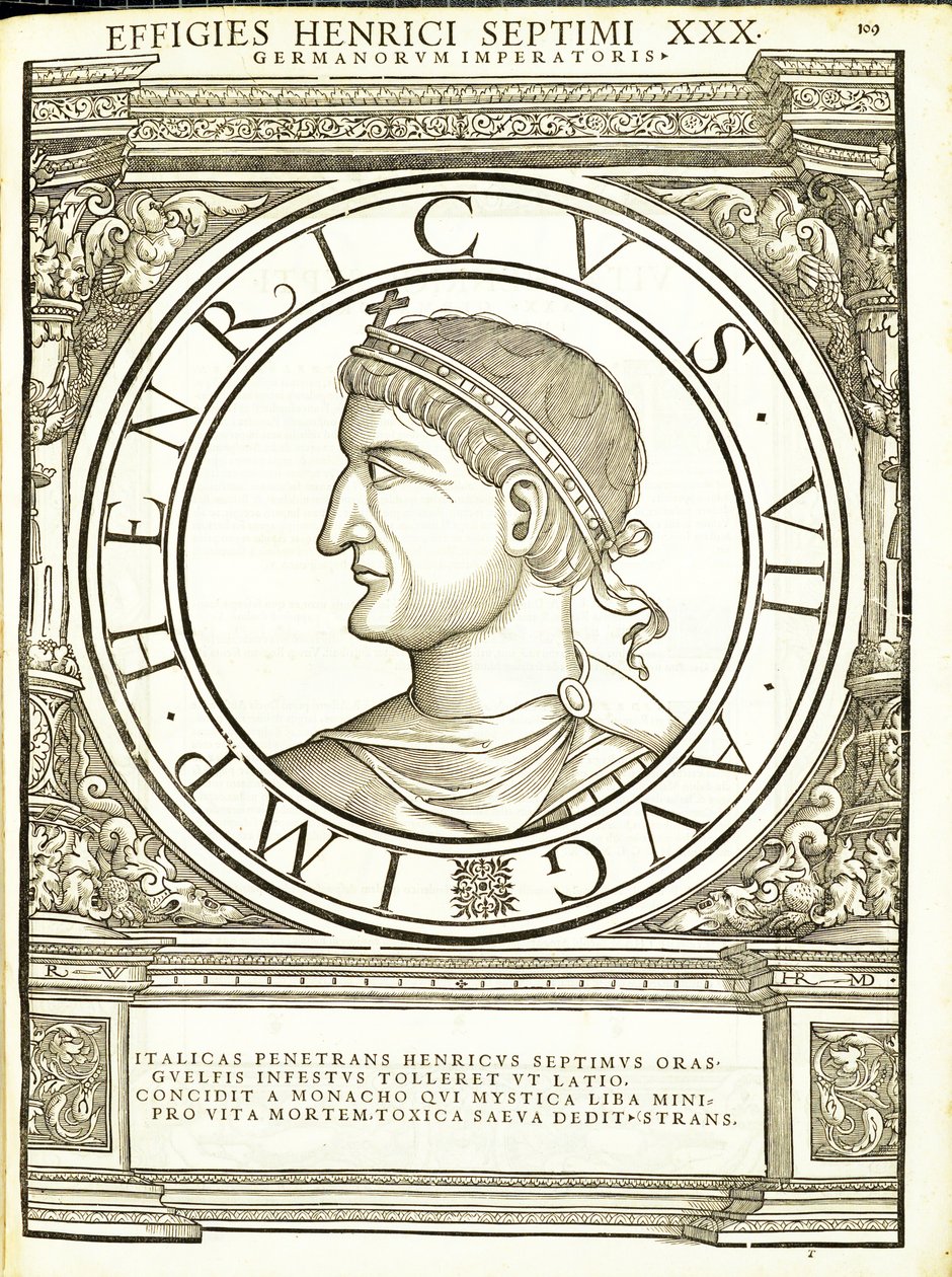 Henricus VII, ilustracja z "Imperatorum romanorum omnium orientalium et occidentalium verissimae imagines ex antiquis numismatis", drzeworyt Rudolpha Wyssenbacha, wydrukowany przez Andreasa Gesnera, Zurych. autorstwa Hans Rudolf Manuel Deutsch