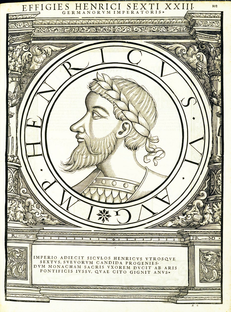 Henryk VI, ilustracja z najbardziej autentycznych obrazów starożytnych cesarzy rzymskich Wschodu i Zachodu, drzeworyt Rudolpha Wyssenbacha, druk Andreas Gesner, Zurych, 1 autorstwa Hans Rudolf Manuel Deutsch