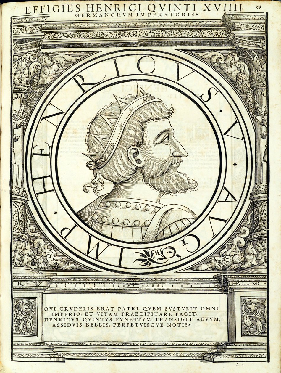 Henricus V, ilustracja z "Imperatorum romanorum omnium orientalium et occidentalium verissimae imagines ex antiquis numismatis", drzeworyt Rudolpha Wyssenbacha, wydrukowany przez Andreasa Gesnera, Zurych, autorstwa Hans Rudolf Manuel Deutsch