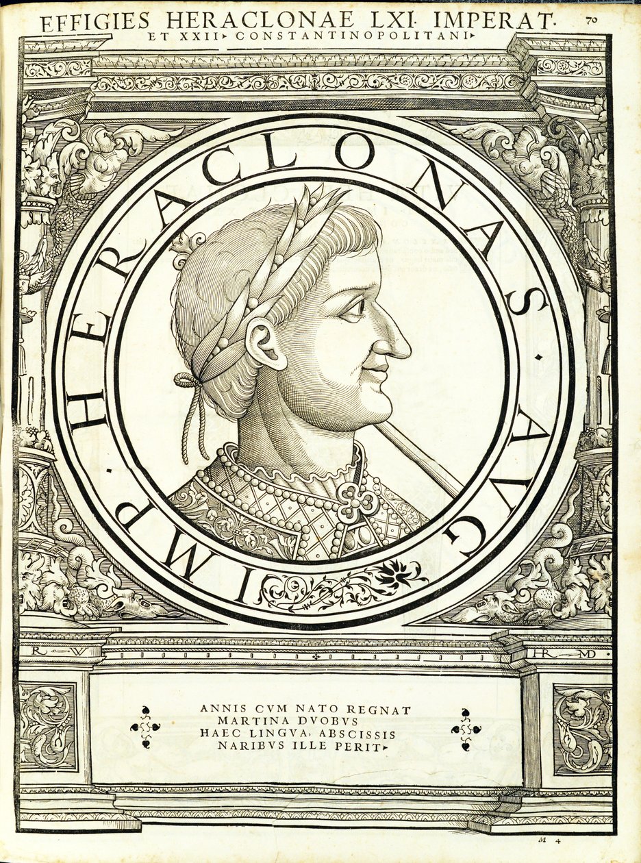 Heraklona, ​​ilustracja z „Cesarzy rzymskich całego Wschodu i Zachodu”, drzeworyt Rudolpha Wyssenbacha, druk Andreas Gesner, Zurych autorstwa Hans Rudolf Manuel Deutsch