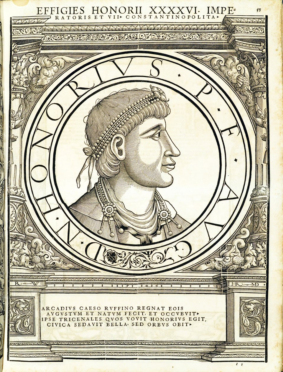 Honorius, ilustracja z „Cesarzy rzymskich całego Wschodu i Zachodu”, drzeworyt Rudolpha Wyssenbacha, druk Andreas Gesner, Zurych, 15. autorstwa Hans Rudolf Manuel Deutsch