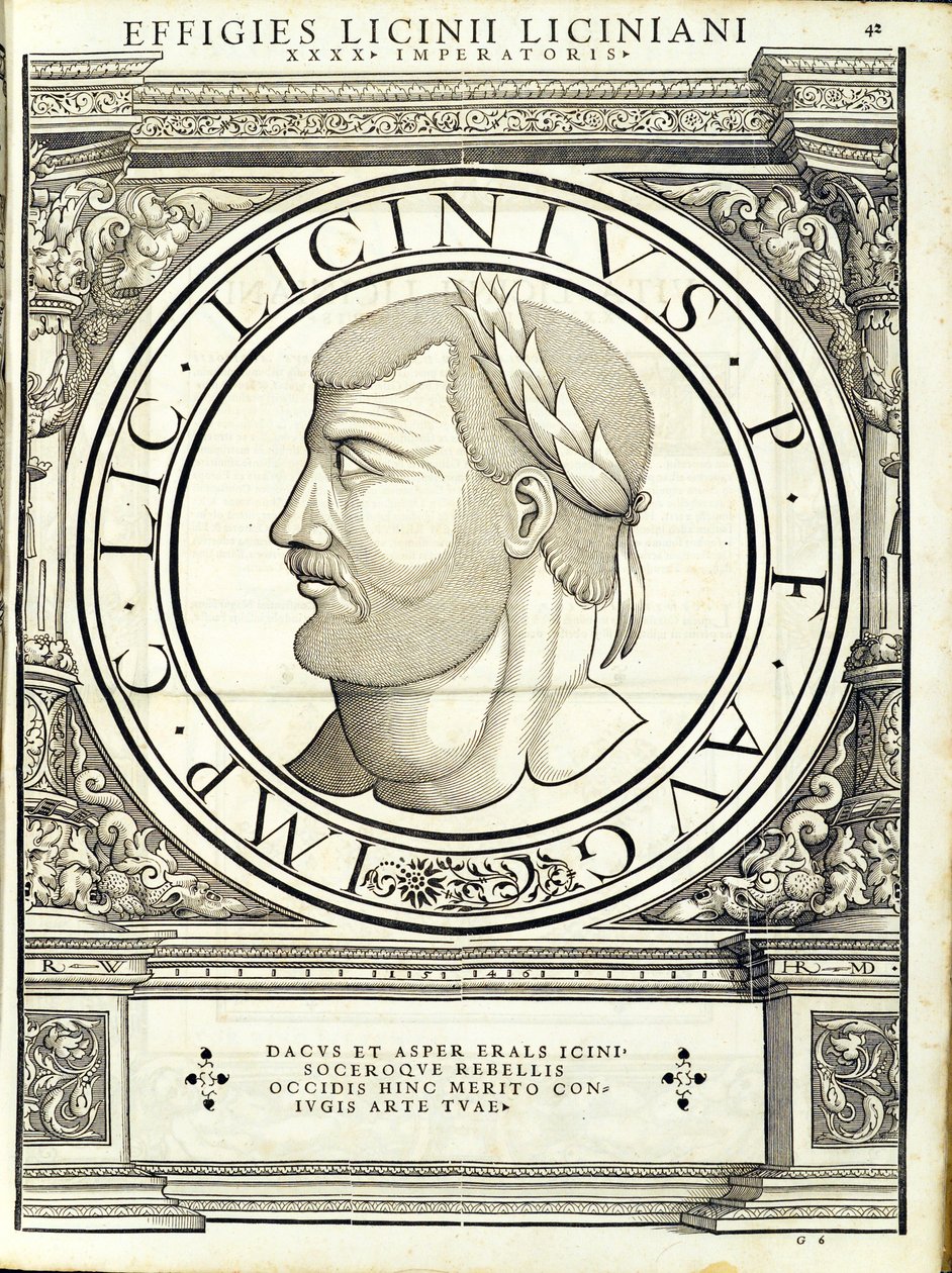 Licyniusz I, ilustracja z „Cesarzy rzymskich całego Wschodu i Zachodu”, drzeworyt Rudolpha Wyssenbacha, druk Andreas Gesner, Zurych autorstwa Hans Rudolf Manuel Deutsch