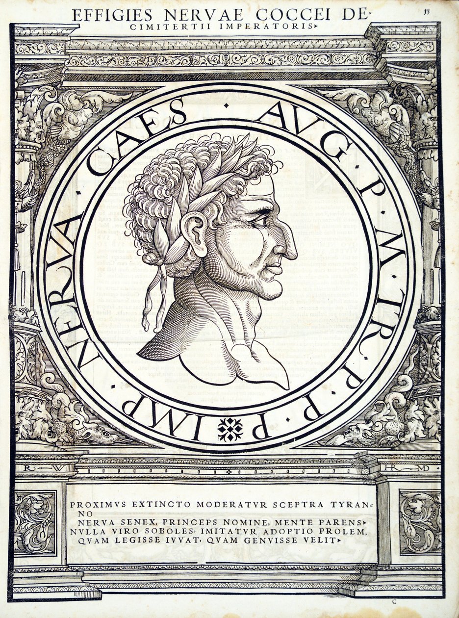 Nerwa, ilustracja z „Cesarzy rzymskich całego Wschodu i Zachodu”, drzeworyt Rudolpha Wyssenbacha, druk Andreas Gesner, Zurych, 1559 autorstwa Hans Rudolf Manuel Deutsch
