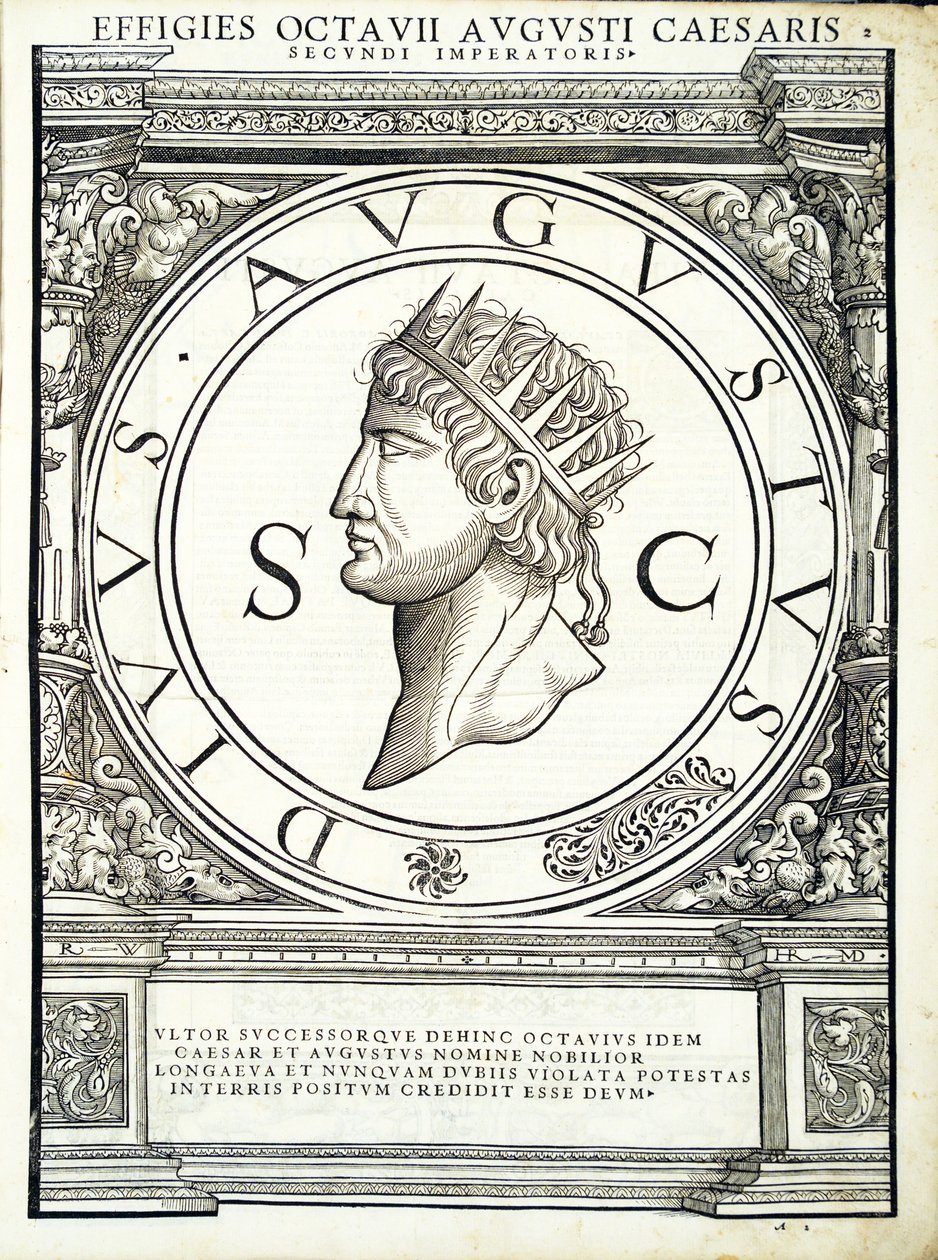 Oktawian Cezar, ilustracja z "Imperatorum romanorum omnium orientalium et occidentalium verissimae imagines ex antiquis numismatis", drzeworyt Rudolpha Wyssenbacha, wydrukowany przez Andreasa Gesnera, Z autorstwa Hans Rudolf Manuel Deutsch