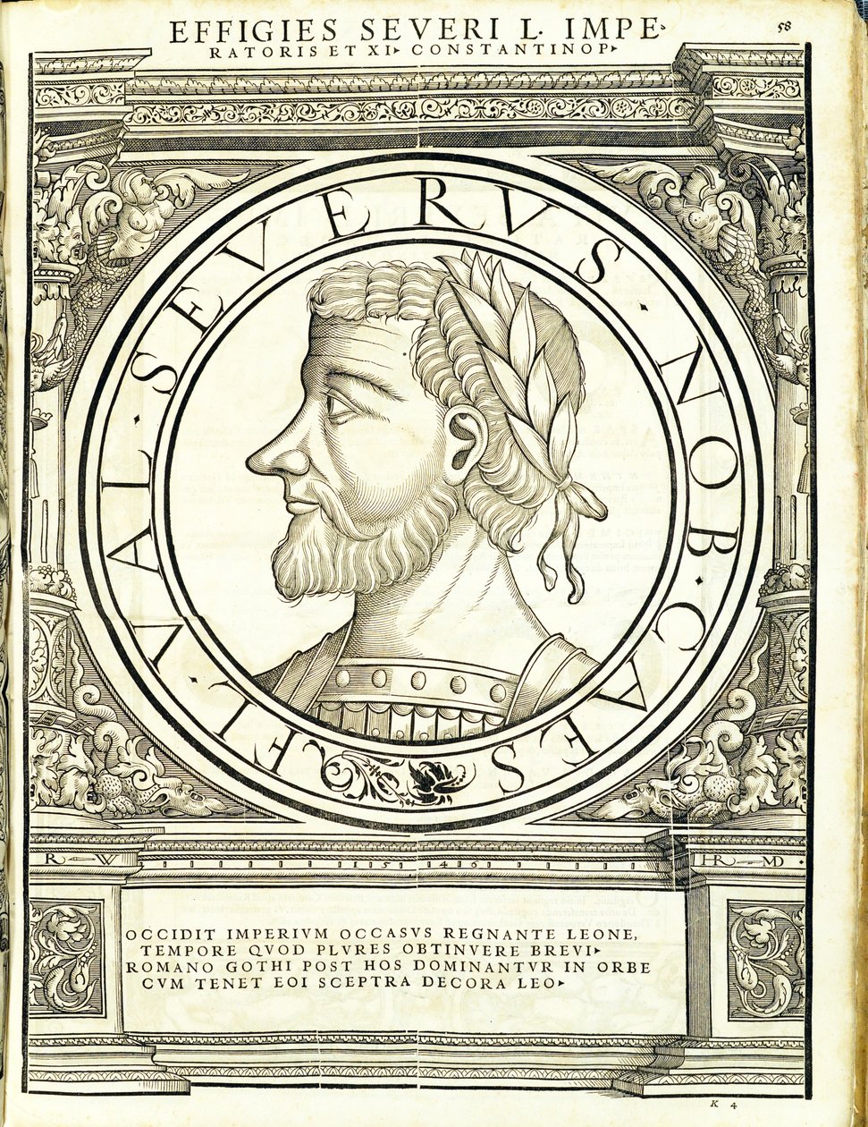 Severus D, ilustracja z „Cesarzy rzymskich całego Wschodu i Zachodu”, drzeworyt Rudolpha Wyssenbacha, druk Andreas Gesner, Zurych, 1 autorstwa Hans Rudolf Manuel Deutsch