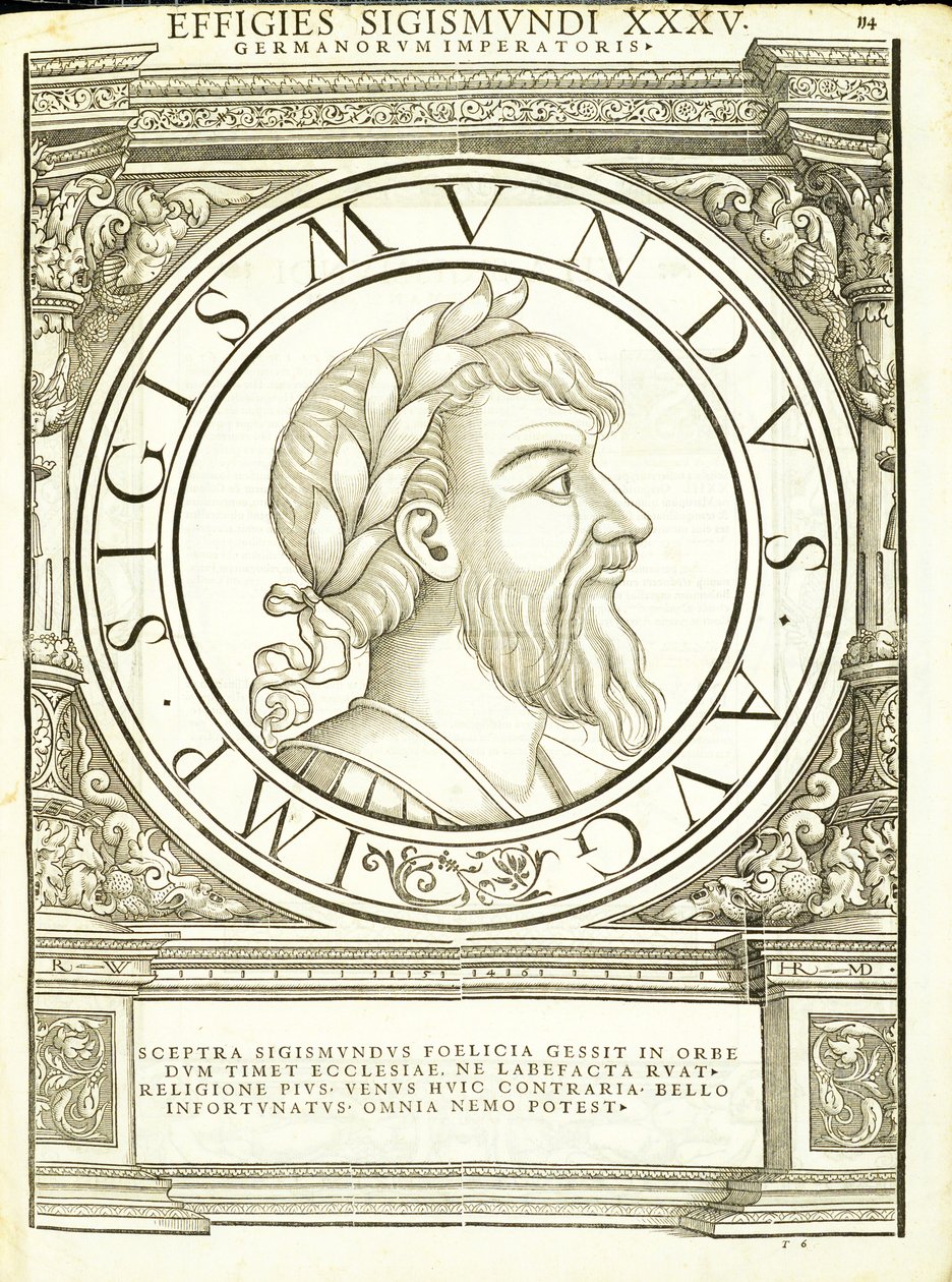 Sigismundus, ilustracja z "Imperatorum romanorum omnium orientalium et occidentalium verissimae imagines ex antiquis numismatis", drzeworyt Rudolpha Wyssenbacha, wydrukowany przez Andreasa Gesnera, Zurych, autorstwa Hans Rudolf Manuel Deutsch
