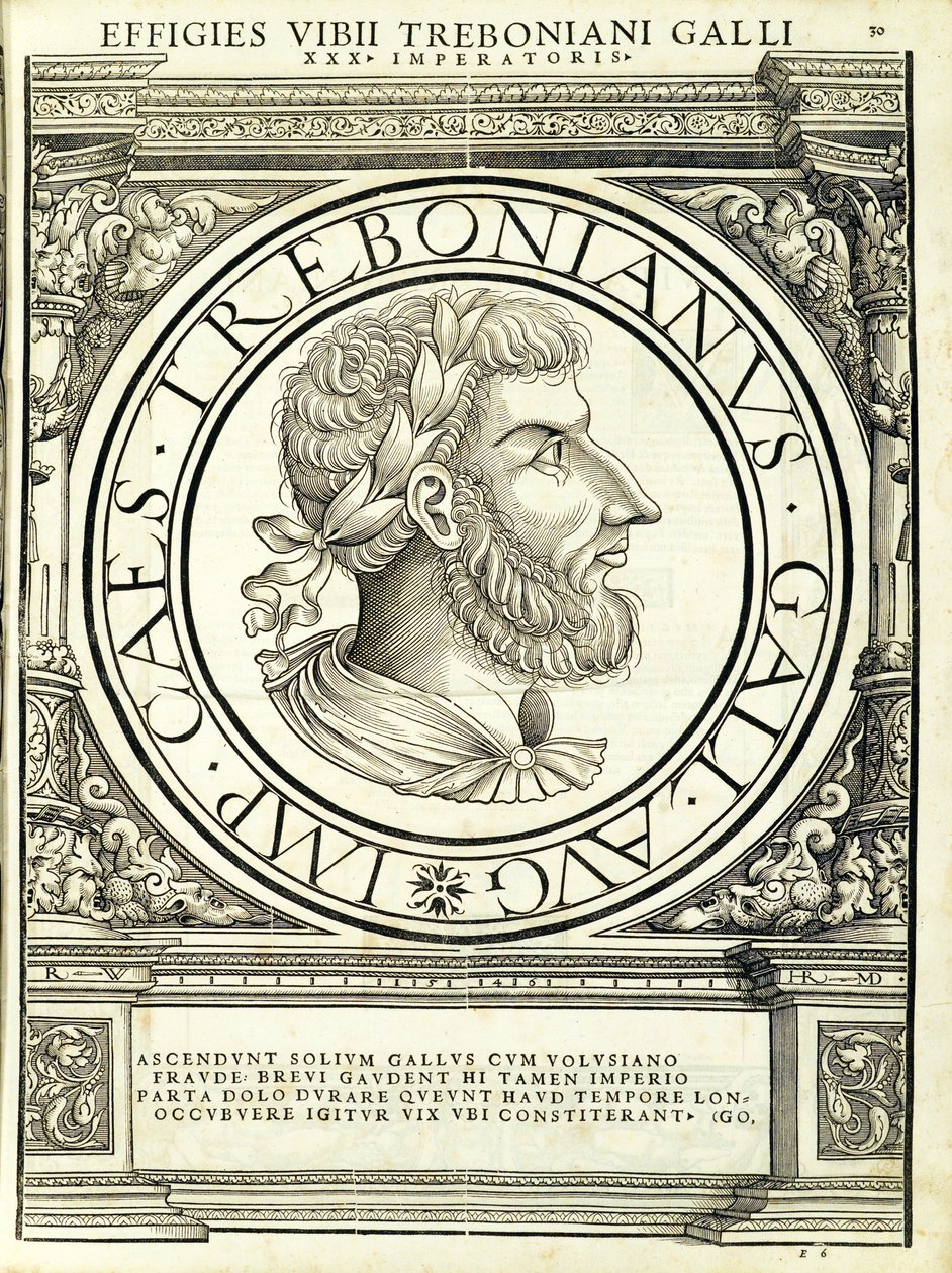 Trebonianus Gallus, ilustracja z „Cesarzy rzymskich całego Wschodu i Zachodu”, drzeworyt Rudolpha Wyssenbacha, druk Andreas Gesner, autorstwa Hans Rudolf Manuel Deutsch