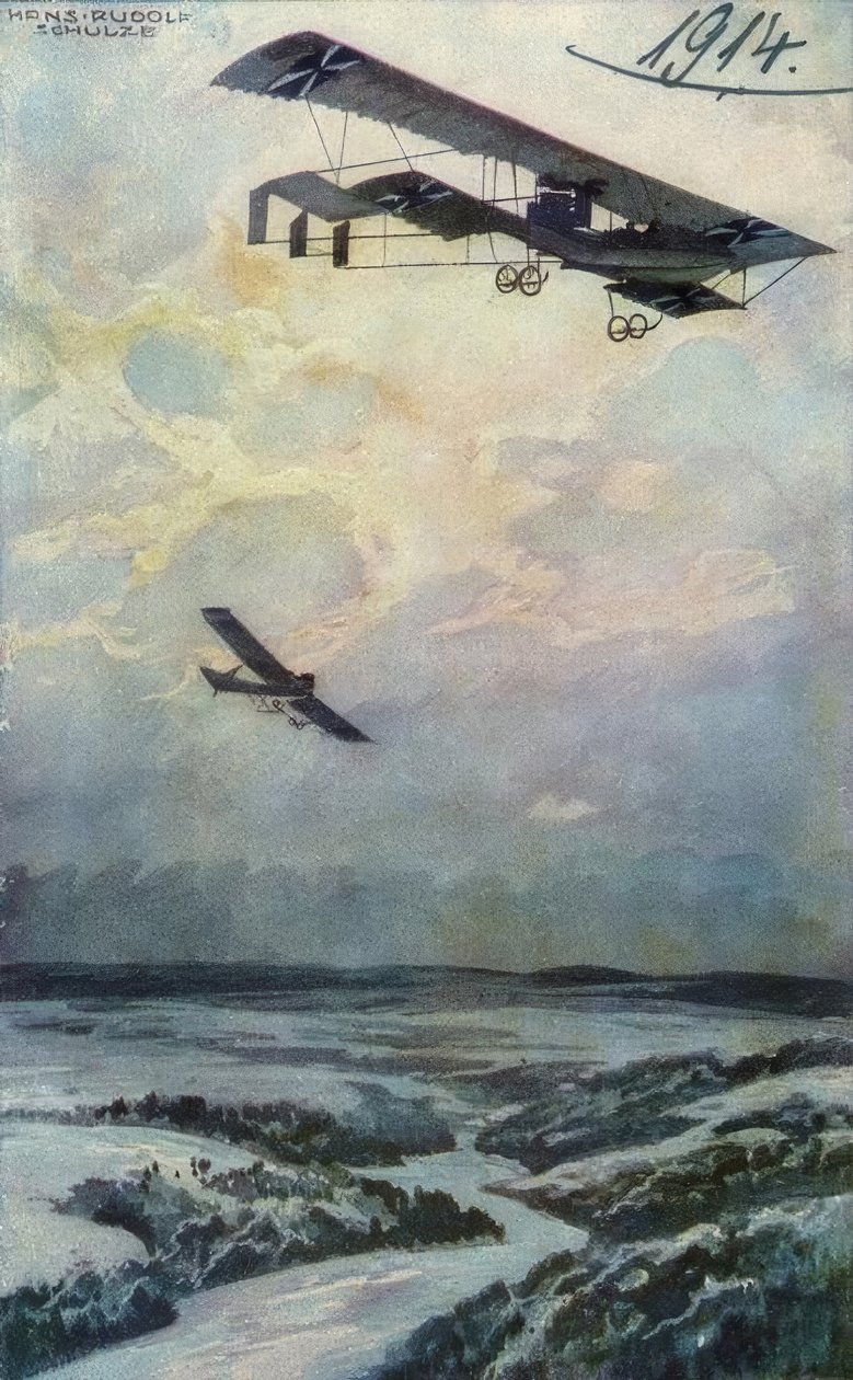 Dwupłatowiec wojskowy w podróży rozpoznawczej nad rzeką Argonnerwa autorstwa Hans Rudolf Schulze