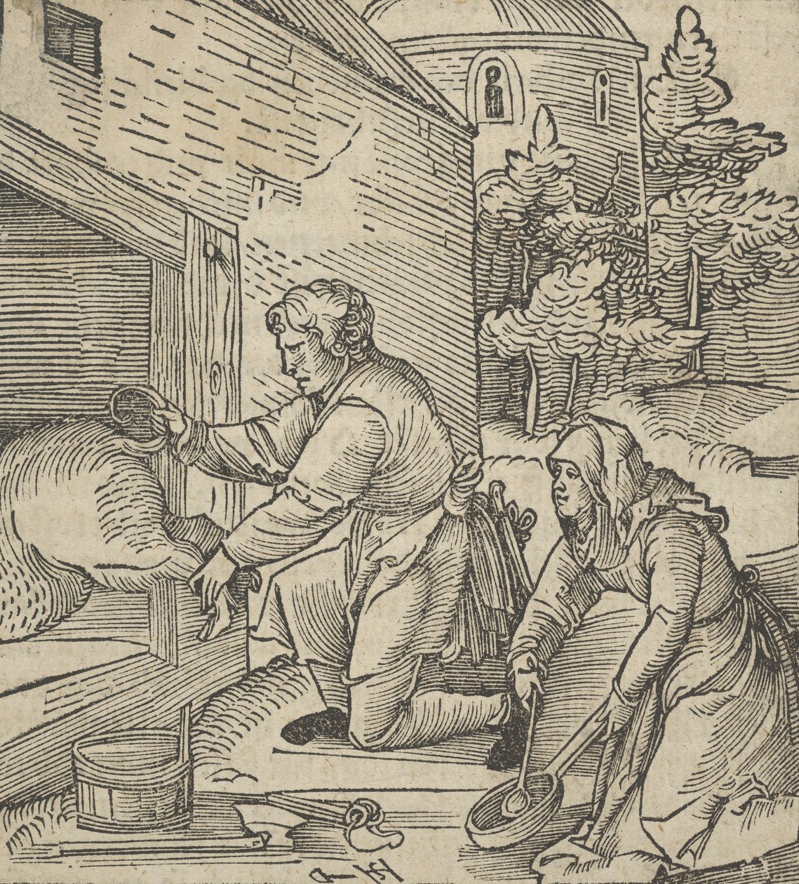 Rolnik ubijający świnię, z Hymmelwagen auff dem, wer wol leben..., 1517. autorstwa Hans Schäufelein the Elder