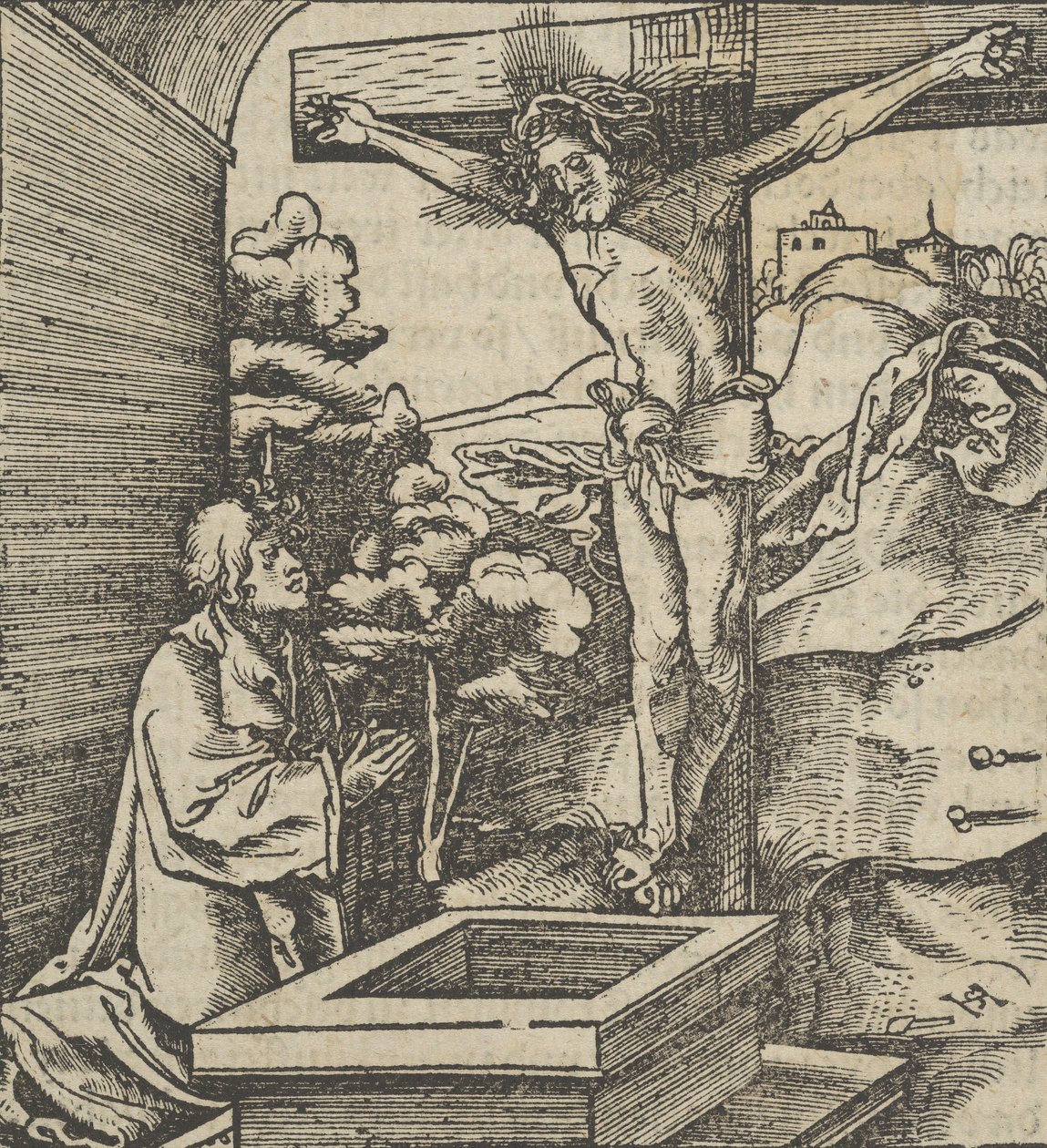 Człowiek modlący się przed krucyfiksem, z Hymmelwagen auff dem, wer wol Leben..., 1517. autorstwa Hans Schäufelein the Elder