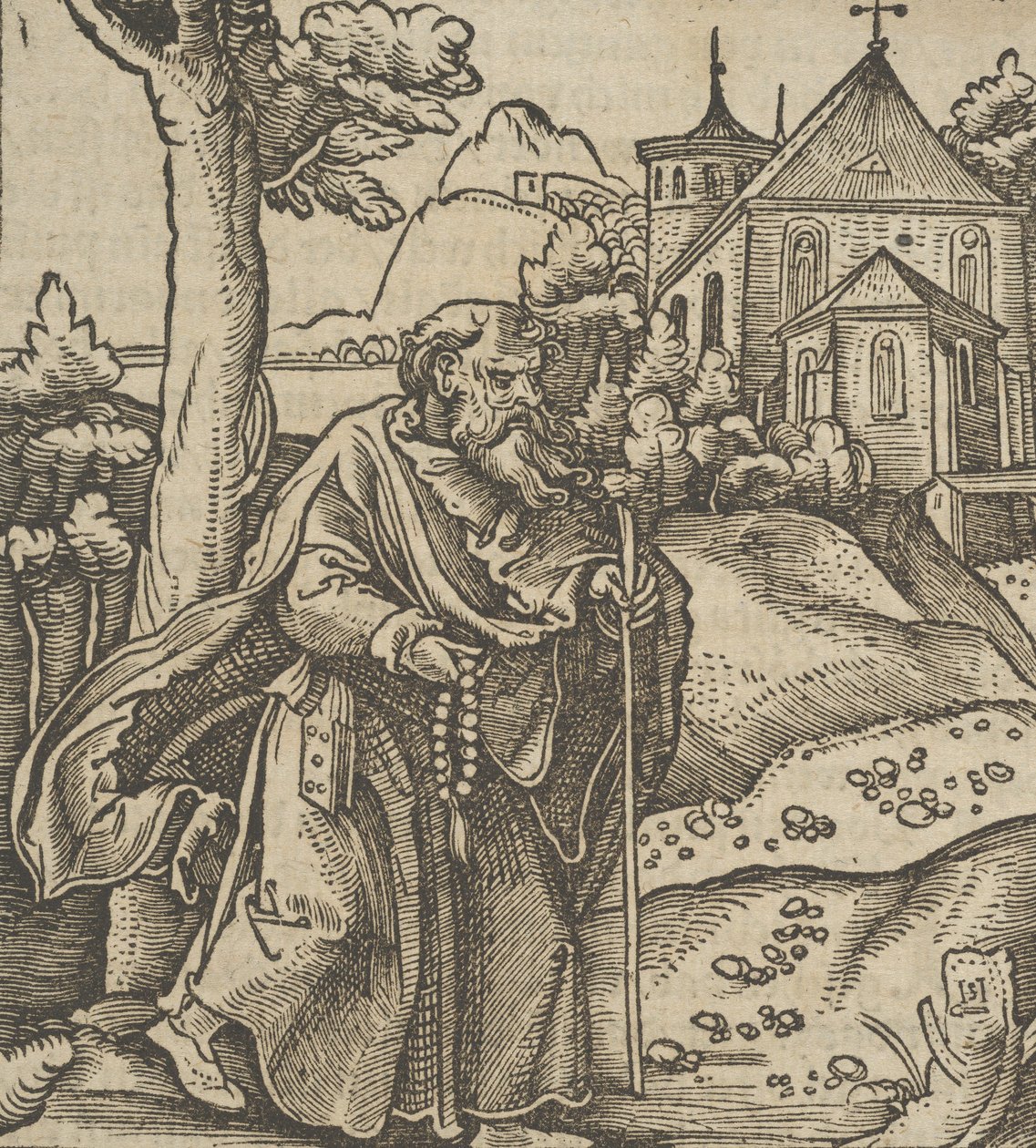 Stary pielgrzym idący w prawo, z Hymmelwagen auff dem, wer wol Leben..., 1517. autorstwa Hans Schäufelein the Elder