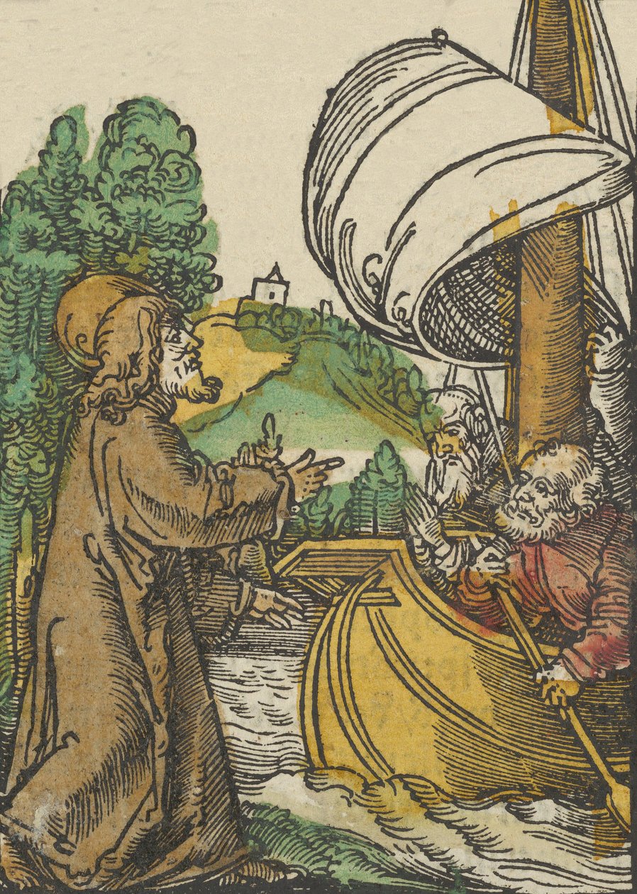 Chrystus uspokaja burzę nad Jeziorem Tyberiadzkim, z Das Plenarium, 1517. autorstwa Hans Schäufelein the Elder