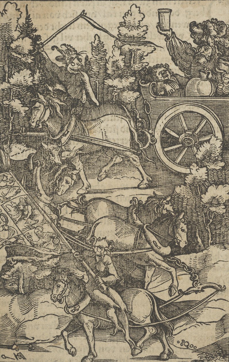 Pijany człowiek na rydwanie w drodze do piekła, z Hymmelwagen o tym, kto żyje ....., 1517. autorstwa Hans Schäufelein the Elder