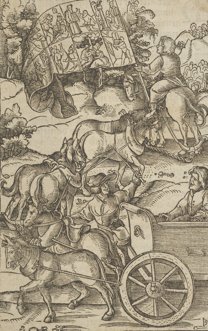 Cnotliwy człowiek na rydwanie w drodze do nieba, z Hymmelwagen auff dem, wer wol leb..., 1517. autorstwa Hans Schäufelein the Elder