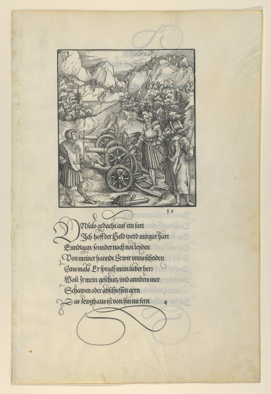 Unfalo zagrażające Theuerdanck, powodujące eksplozję trzech armat, z Theuerdan..., 1517. autorstwa Hans Schäufelein the Elder