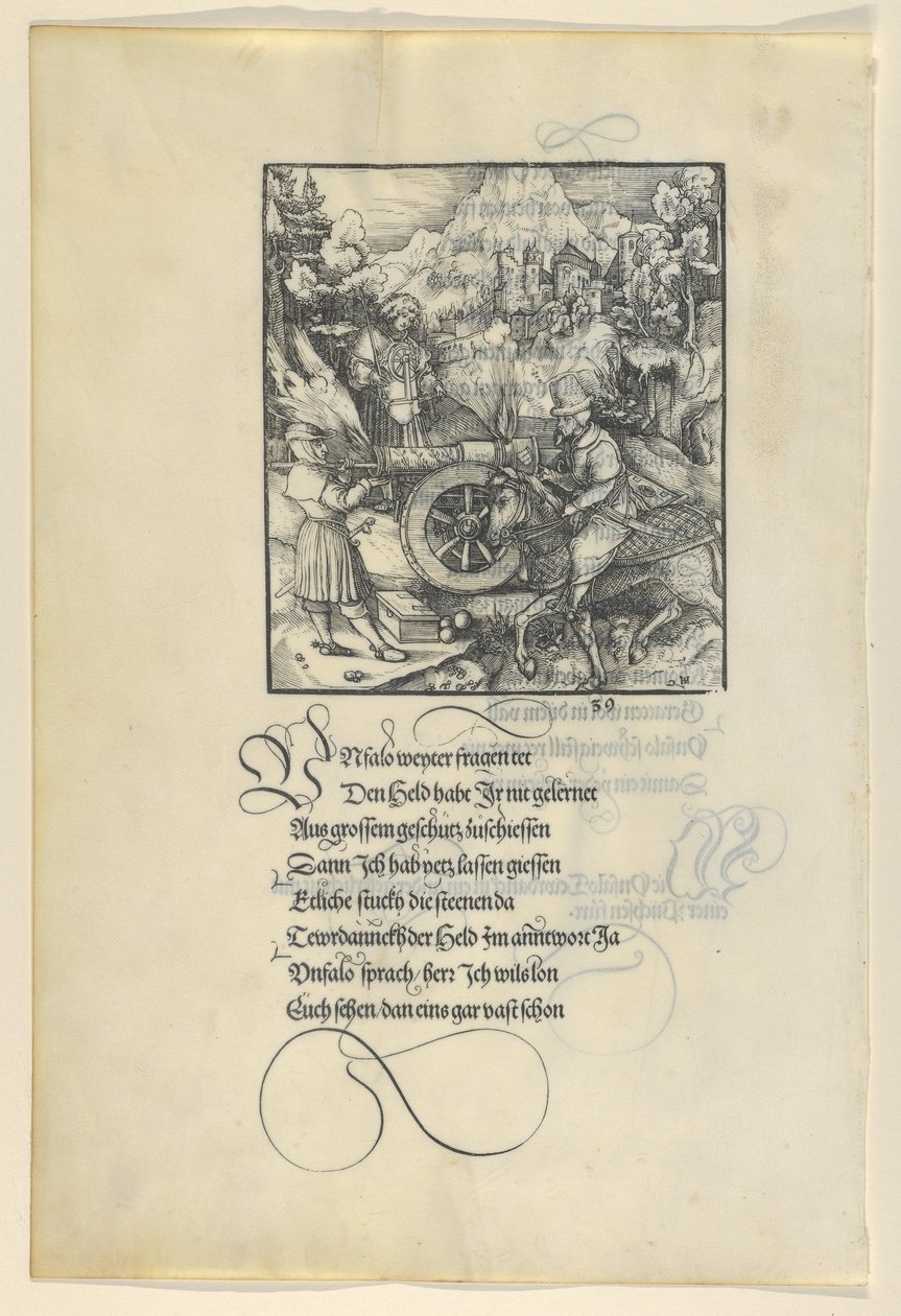Unfalo zagraża Theuerdanck podczas strzelania z armaty, z Theuerdanck, 1517. autorstwa Hans Schäufelein the Elder