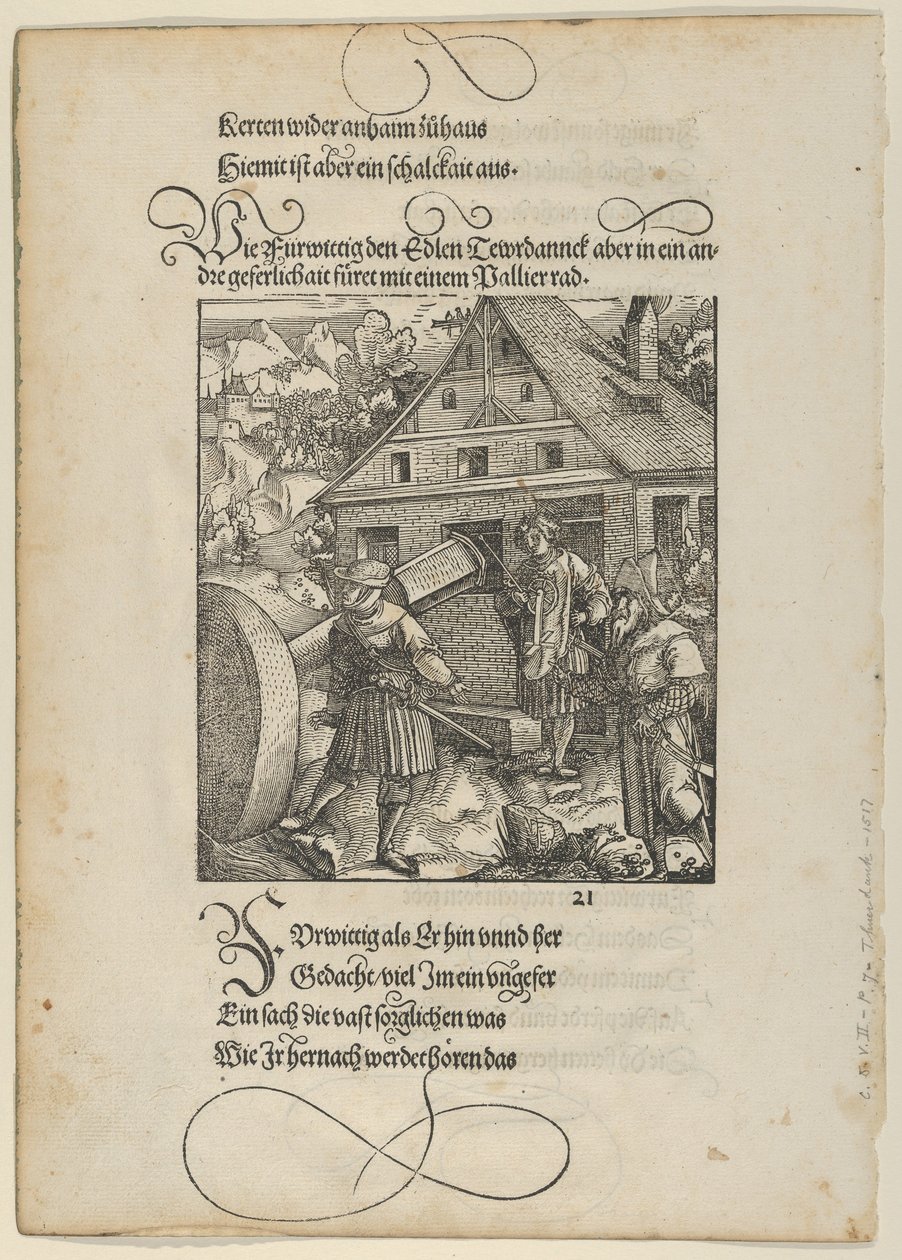 Namawiany przez Fürwittig, Theuerdanck próbuje manipulować kamieniem polerskim, od Theuerdanck,..., 1517. autorstwa Hans Schäufelein the Elder