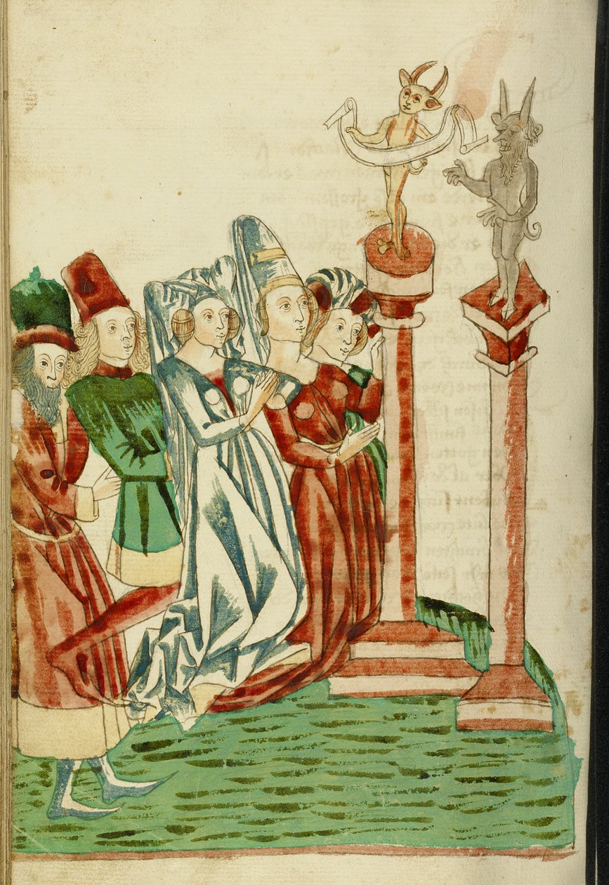 Grupa mężczyzn i kobiet kultu dwóch bożków, 1469 (tusz, wash i tempera na papierze) autorstwa Hans Schilling