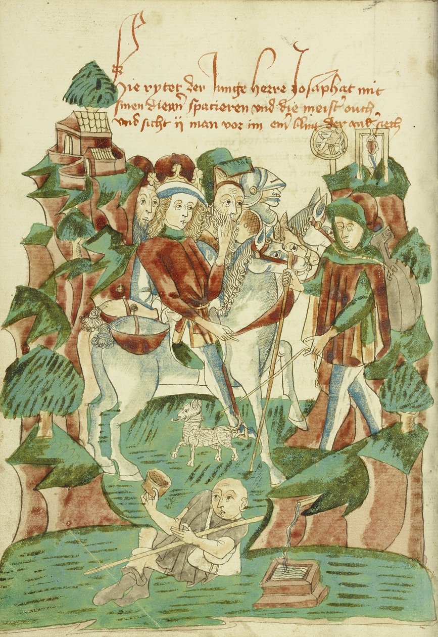 Jozafat spotyka niewidomego i żebraka panią Ludwig XV 9 fol. 31v, 1469 (tusz, przebarwienia i tempera na papierze) autorstwa Hans Schilling