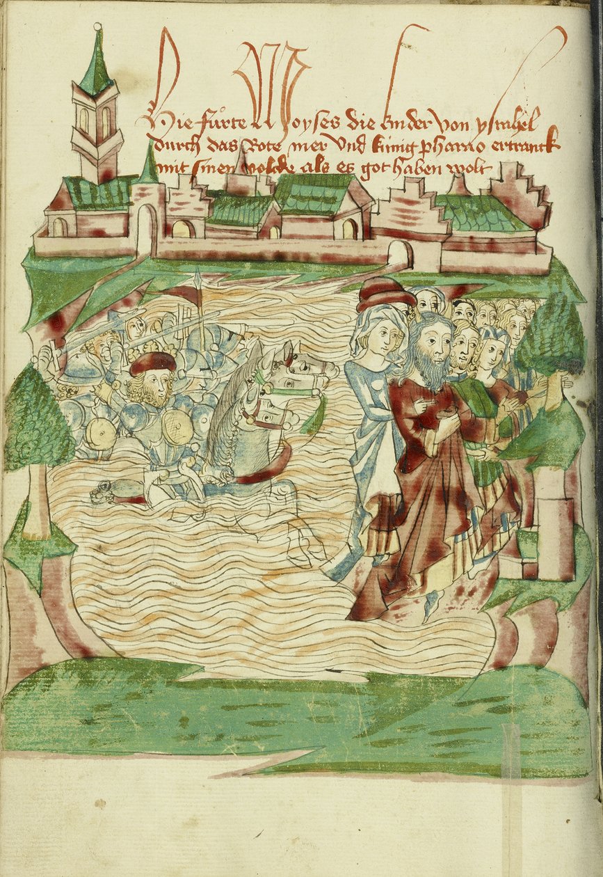 Przejście przez Morze Czerwone Pani Ludwika XV 9 fol. 56v, 1469 (tusz, farby i tempera na papierze) autorstwa Hans Schilling
