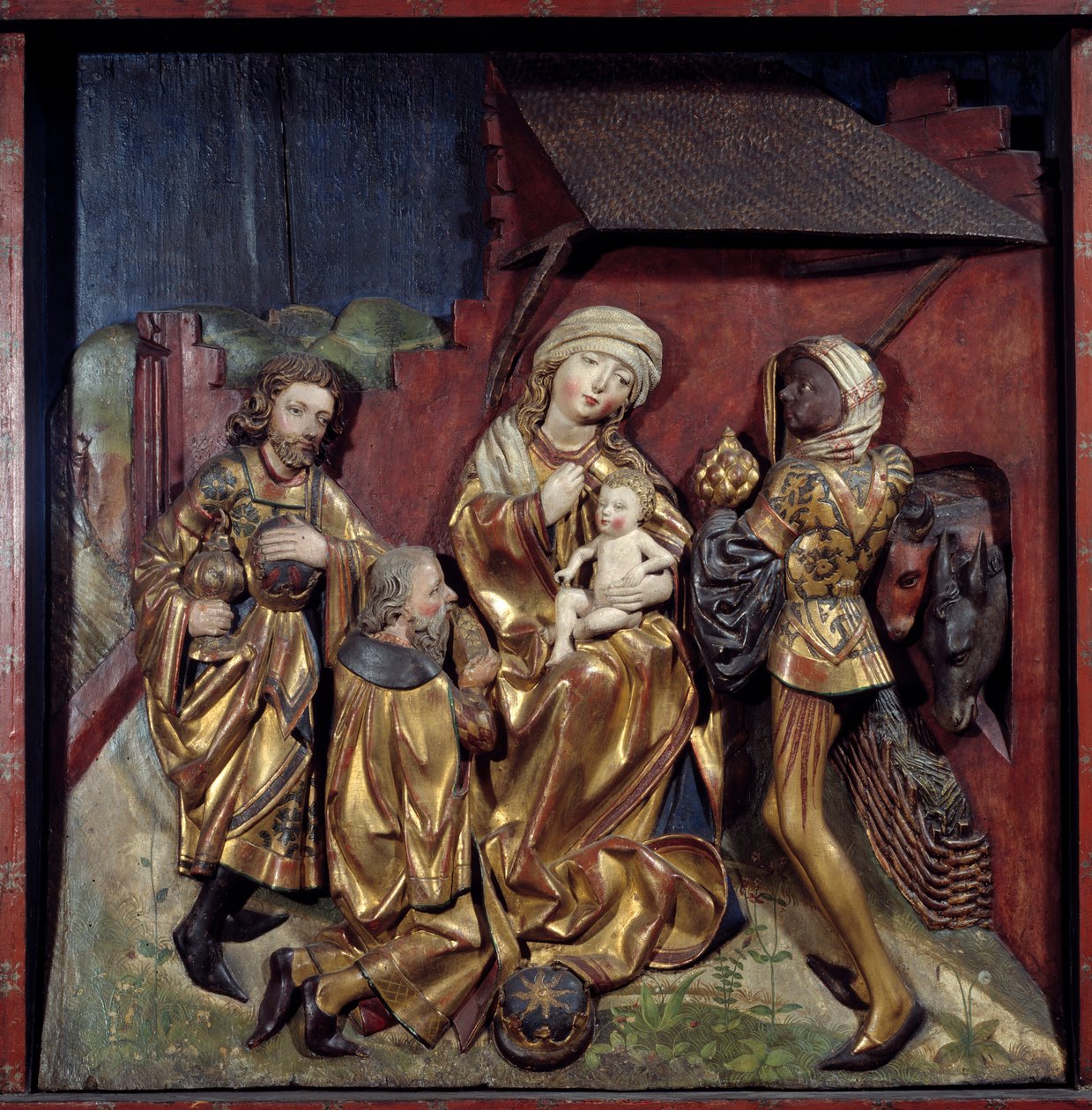 Adoracja płaskorzeźby Trzech Króli na drewnie polichromowanym złotym autorstwa Hansa Schuechlina (1440-1505) autorstwa Hans Schüchlin