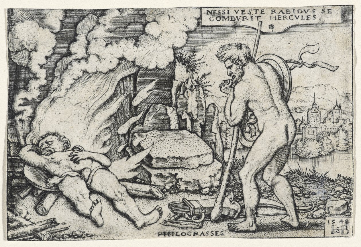 Śmierć Herkulesa, 1548 (rycina na papierze czerpanym, oprawiona w tekturę celulozową) autorstwa Hans Sebald Beham