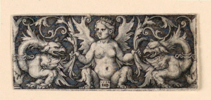 Fryz ze skrzydlatą kobiecą postacią i dwoma groteskowymi kogutami autorstwa Hans Sebald Beham