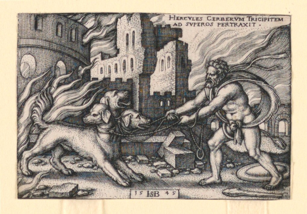 Herkules chwytający Cerberusa autorstwa Hans Sebald Beham