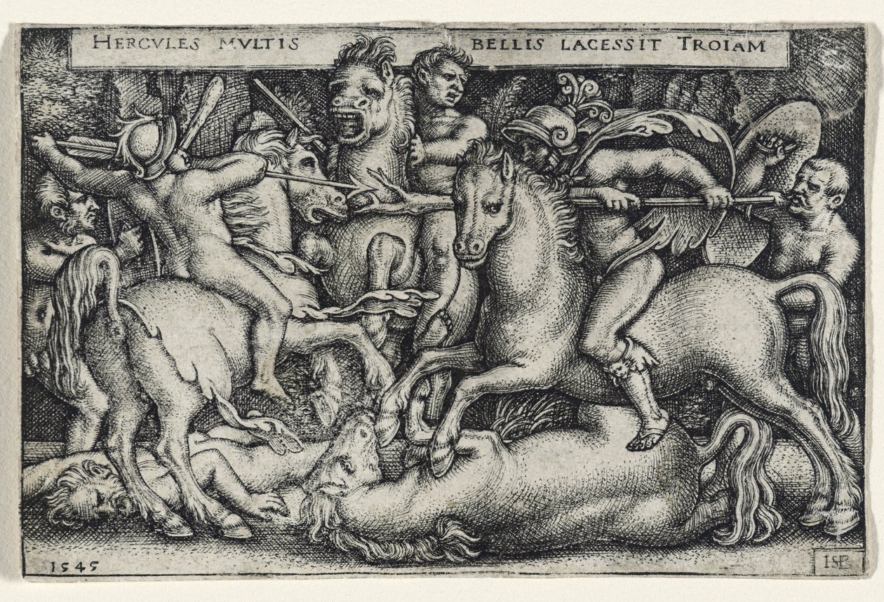 Walka Herkulesa z Trojanami, 1545 (rycina na papierze czerpanym) autorstwa Hans Sebald Beham