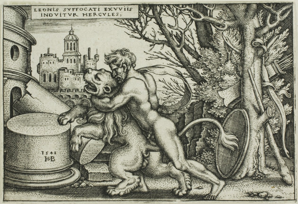 Herkules i lew nemejski, z prac Herkulesa autorstwa Hans Sebald Beham