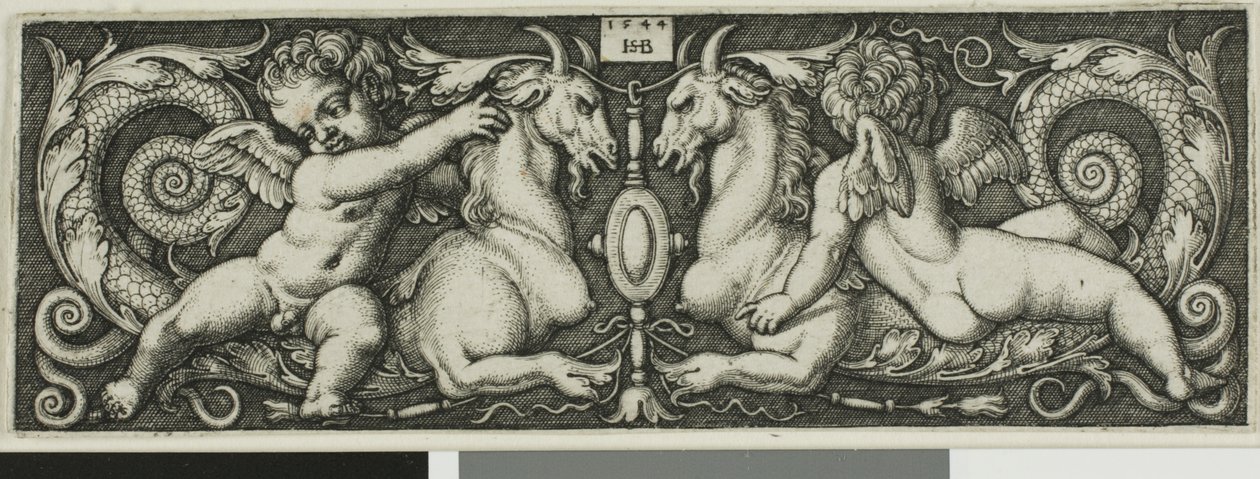 Ozdoba z dwoma dżentelmenami jadącymi chimerycznymi bestiami autorstwa Hans Sebald Beham