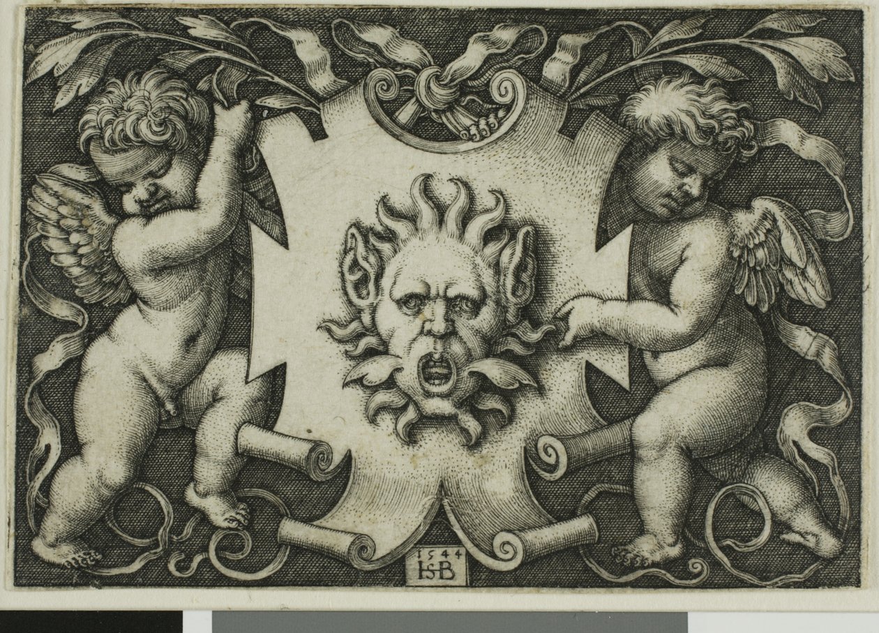 Ozdoba z maską trzymana przez dwóch Genii autorstwa Hans Sebald Beham