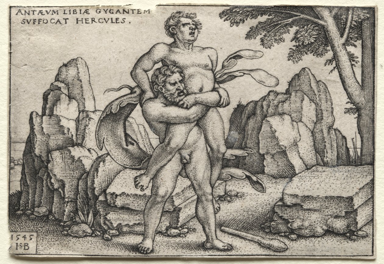 Prace Herkulesa: Herkules miażdżący Antaeusa autorstwa Hans Sebald Beham