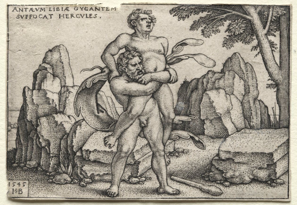 Prace Herkulesa: Herkules miażdżący Antaeusa, 1545. autorstwa Hans Sebald Beham
