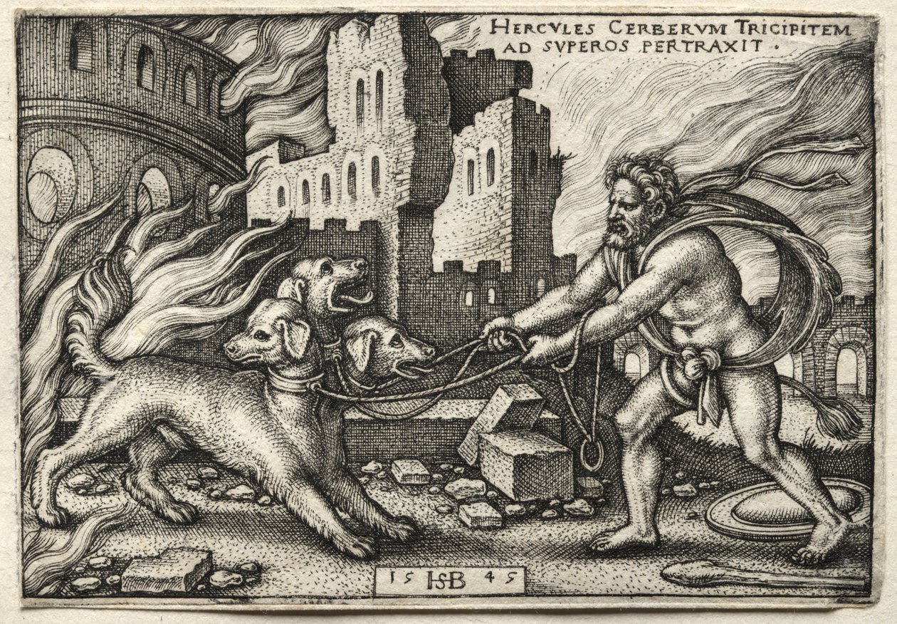 Prace Herkulesa: Herkules wyciągający Cerberusa z zaświatów, 1545. autorstwa Hans Sebald Beham