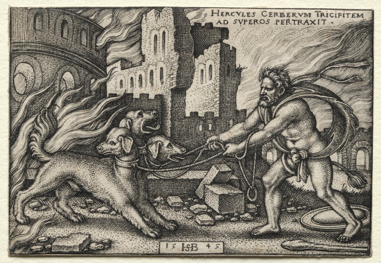 Prace Herkulesa: Herkules wyciągający Cerberusa z zaświatów, 1545. autorstwa Hans Sebald Beham