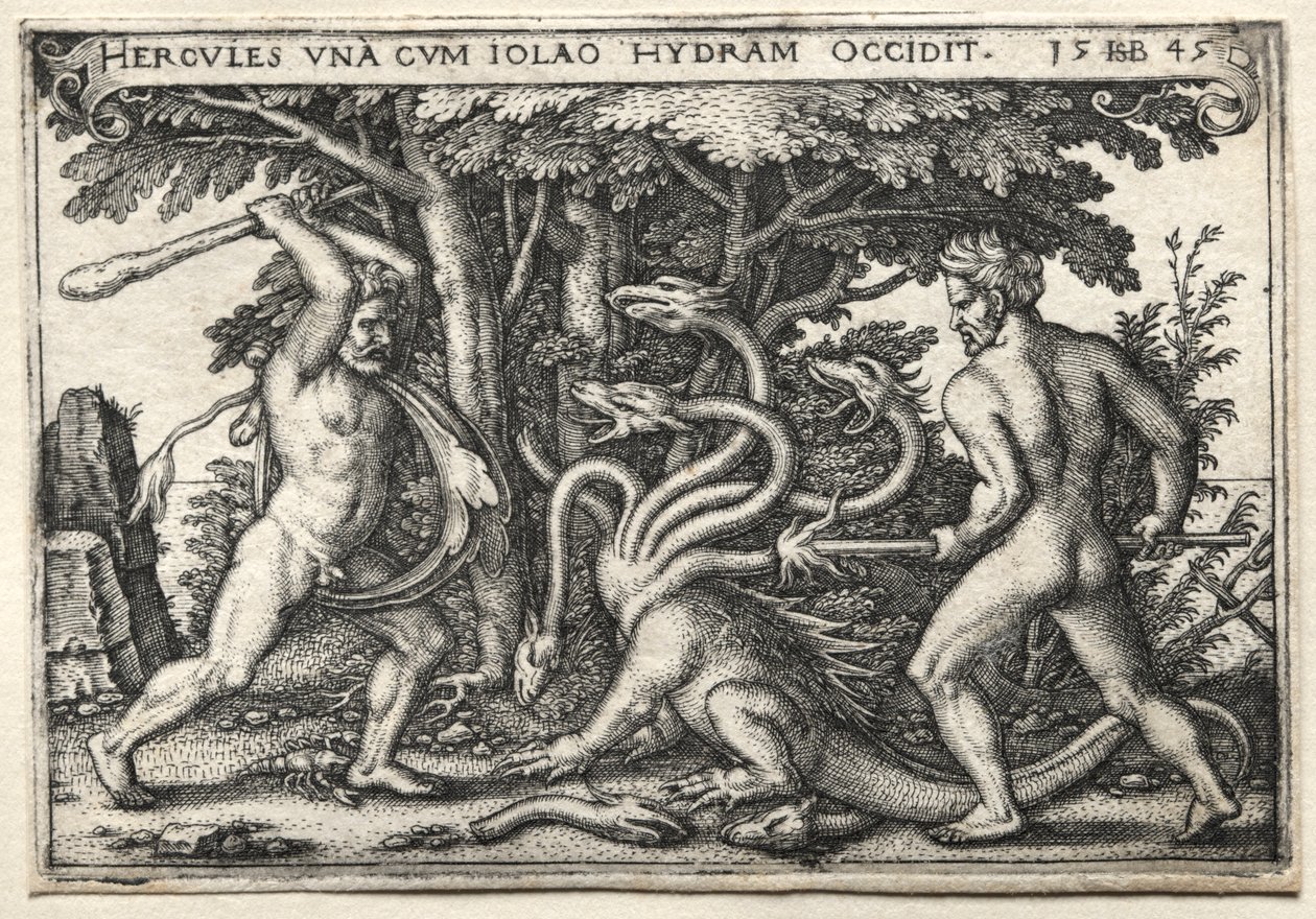 Prace Herkulesa: Herkules zabija Hydrę Lerneańską, 1545. autorstwa Hans Sebald Beham