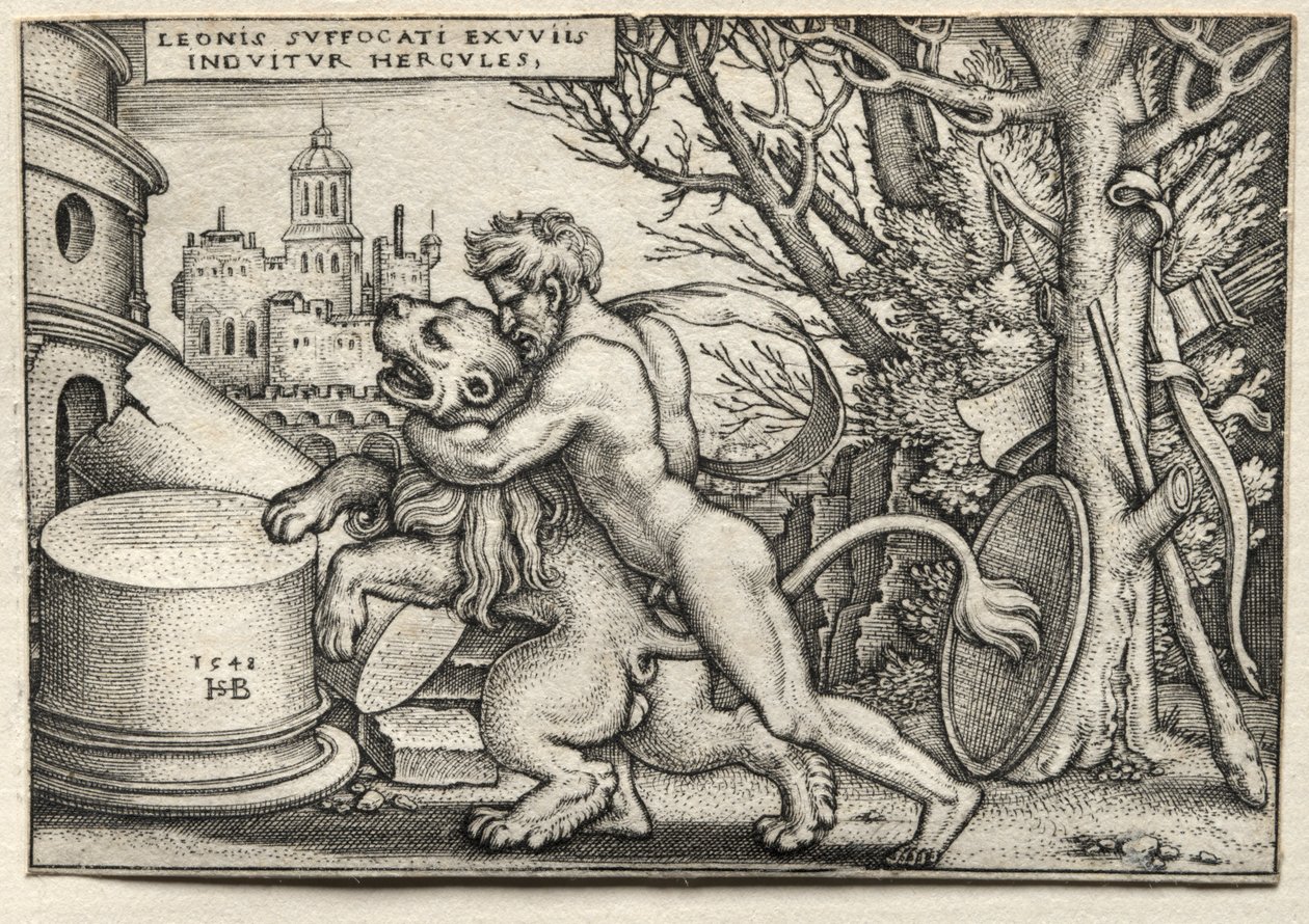 Prace Herkulesa: Herkules dusi lwa nemejskiego, 1548. autorstwa Hans Sebald Beham