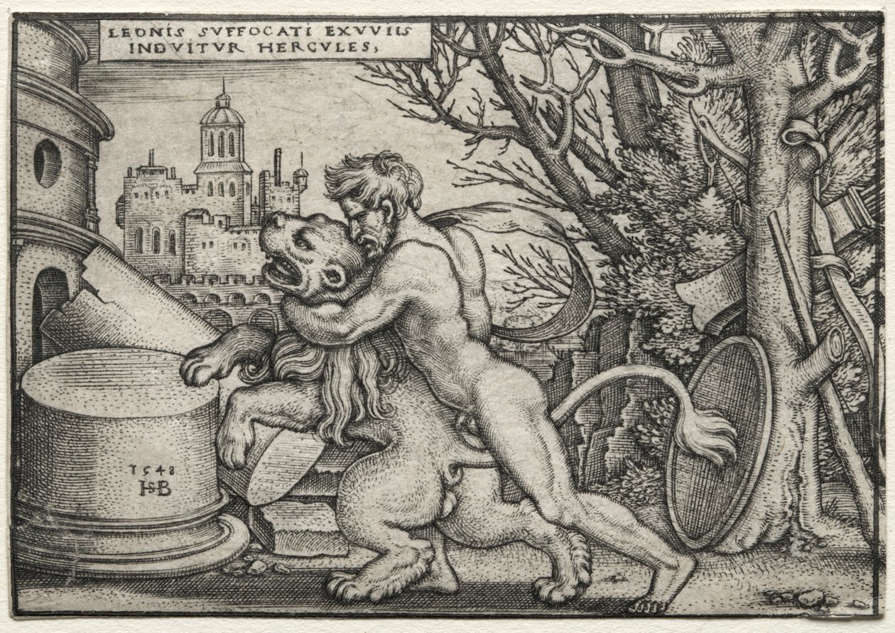 Prace Herkulesa: Herkules dusi lwa nemejskiego, 1548. autorstwa Hans Sebald Beham