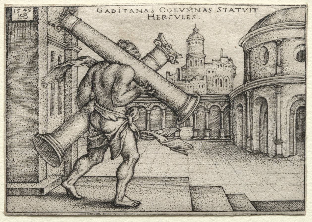 Prace Herkulesa: Herkules i kolumny Gades, 1545. autorstwa Hans Sebald Beham