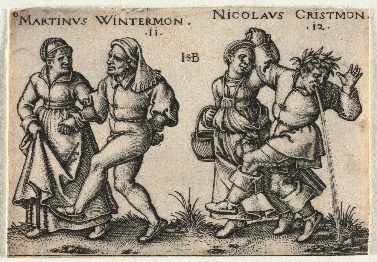 Wesele chłopskie lub dwanaście miesięcy: 11-Martinus Wintermon 12-Nicolaus Cristmon autorstwa Hans Sebald Beham