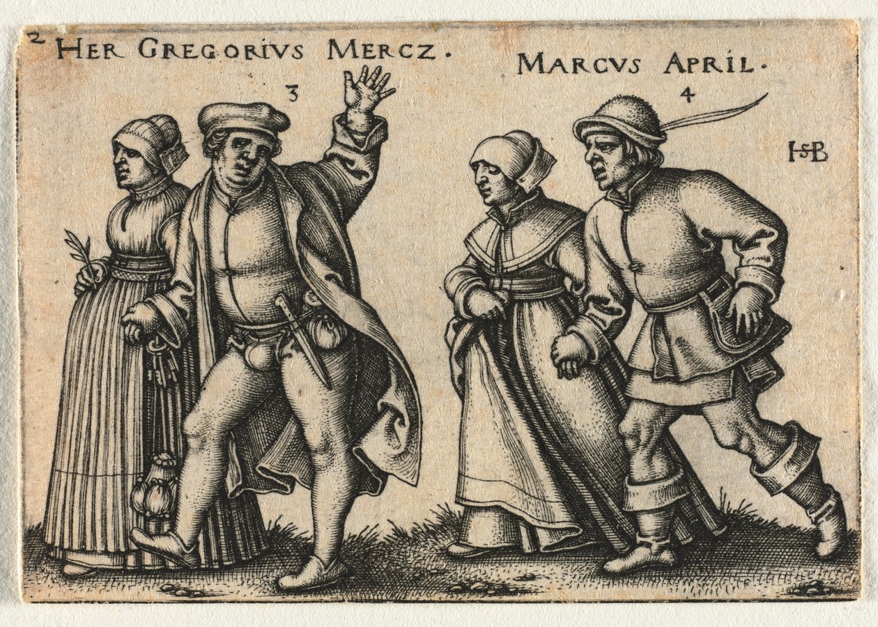 Wesele chłopskie czyli dwanaście miesięcy: 3-Jej Gregorius Mercz 4-Marcus Kwiecień 1546. autorstwa Hans Sebald Beham