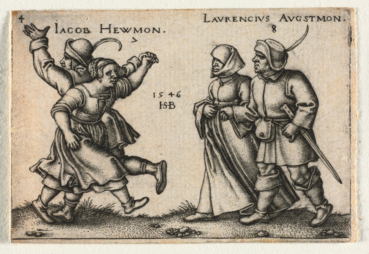 Wesele chłopskie lub dwanaście miesięcy: 7 Jakub Hewmon 8-Laurencius Augstmon autorstwa Hans Sebald Beham