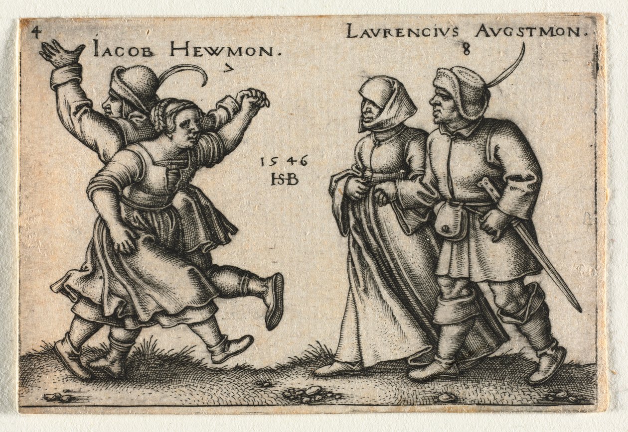 Wesele chłopskie lub dwanaście miesięcy: 7 Jakub Hewmon 8-Laurencius Augstmon, 1546. autorstwa Hans Sebald Beham
