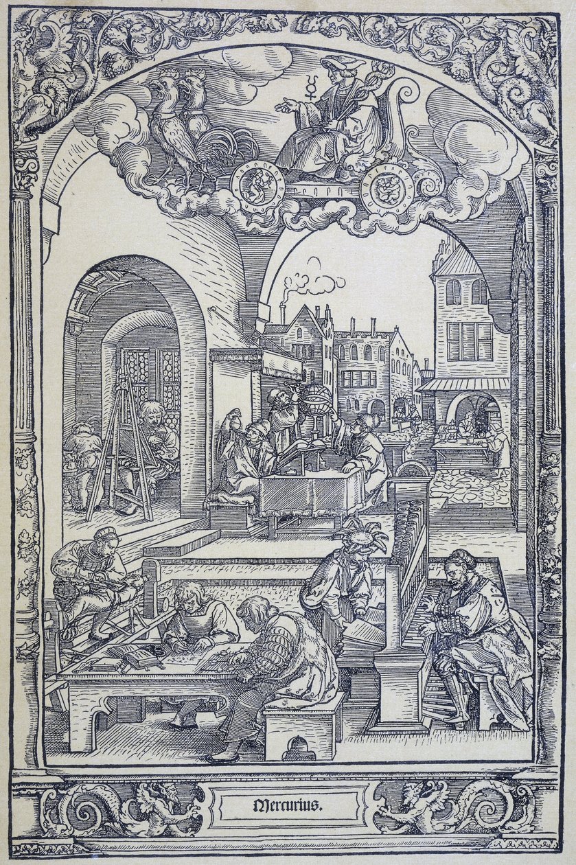 Planeta Merkury i artyści, uczeni i technicy, c1535 (grafika) autorstwa Hans Sebald Beham