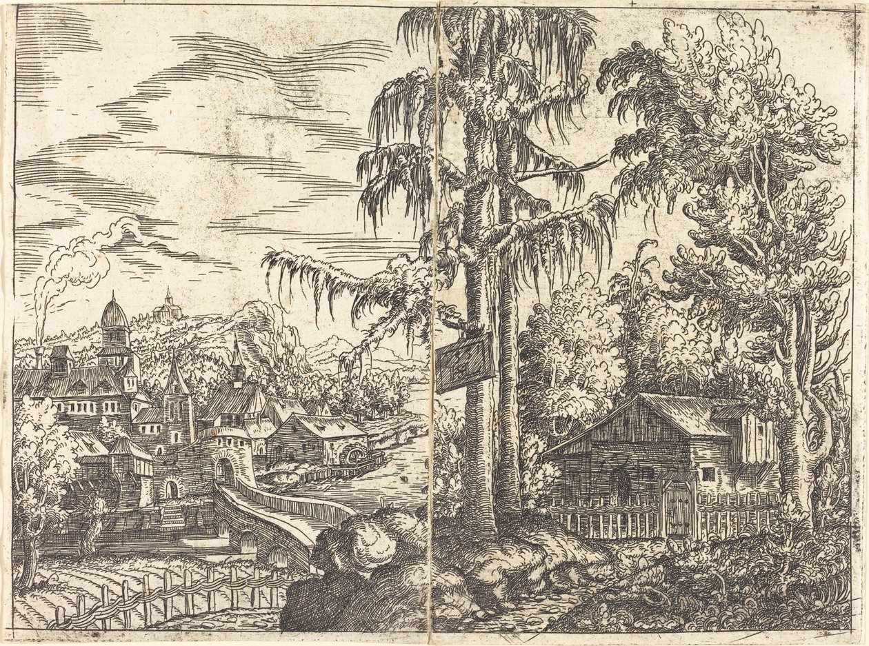 Krajobraz z widokiem na chałupę i miasteczko nad rzeką, 1551. autorstwa Hans Sebald Lautensack