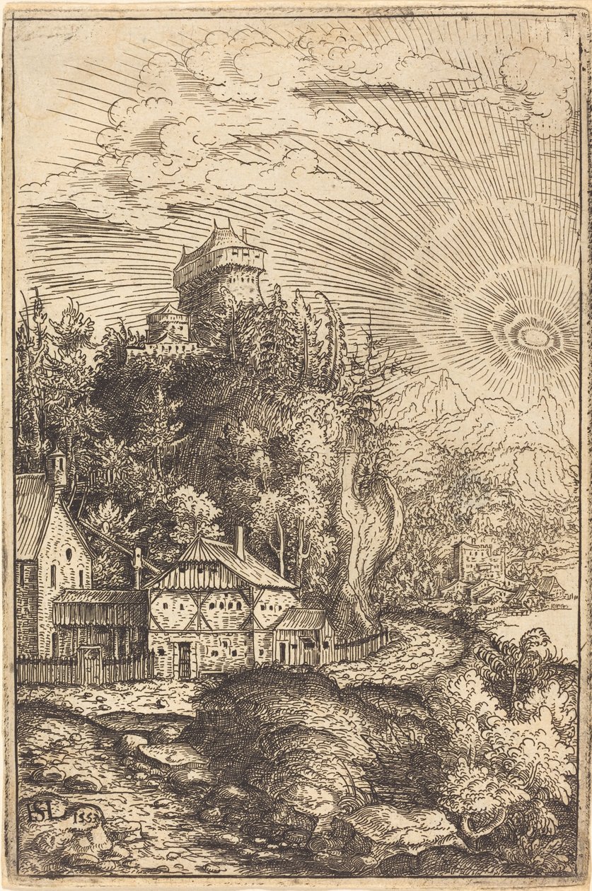 Pejzaż z zamkiem i promieniującym słońcem, 1553. autorstwa Hans Sebald Lautensack