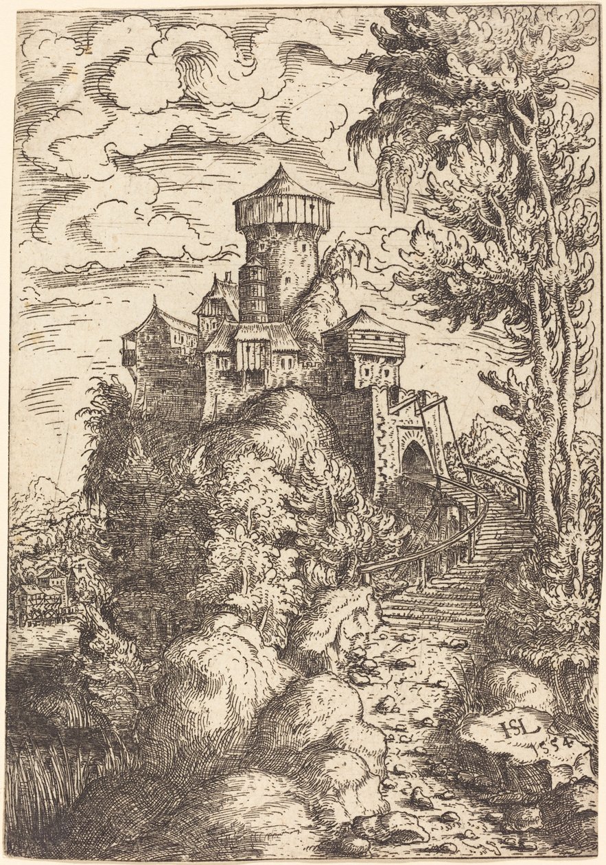 Krajobraz z twierdzą i dużymi schodami, 1554. autorstwa Hans Sebald Lautensack