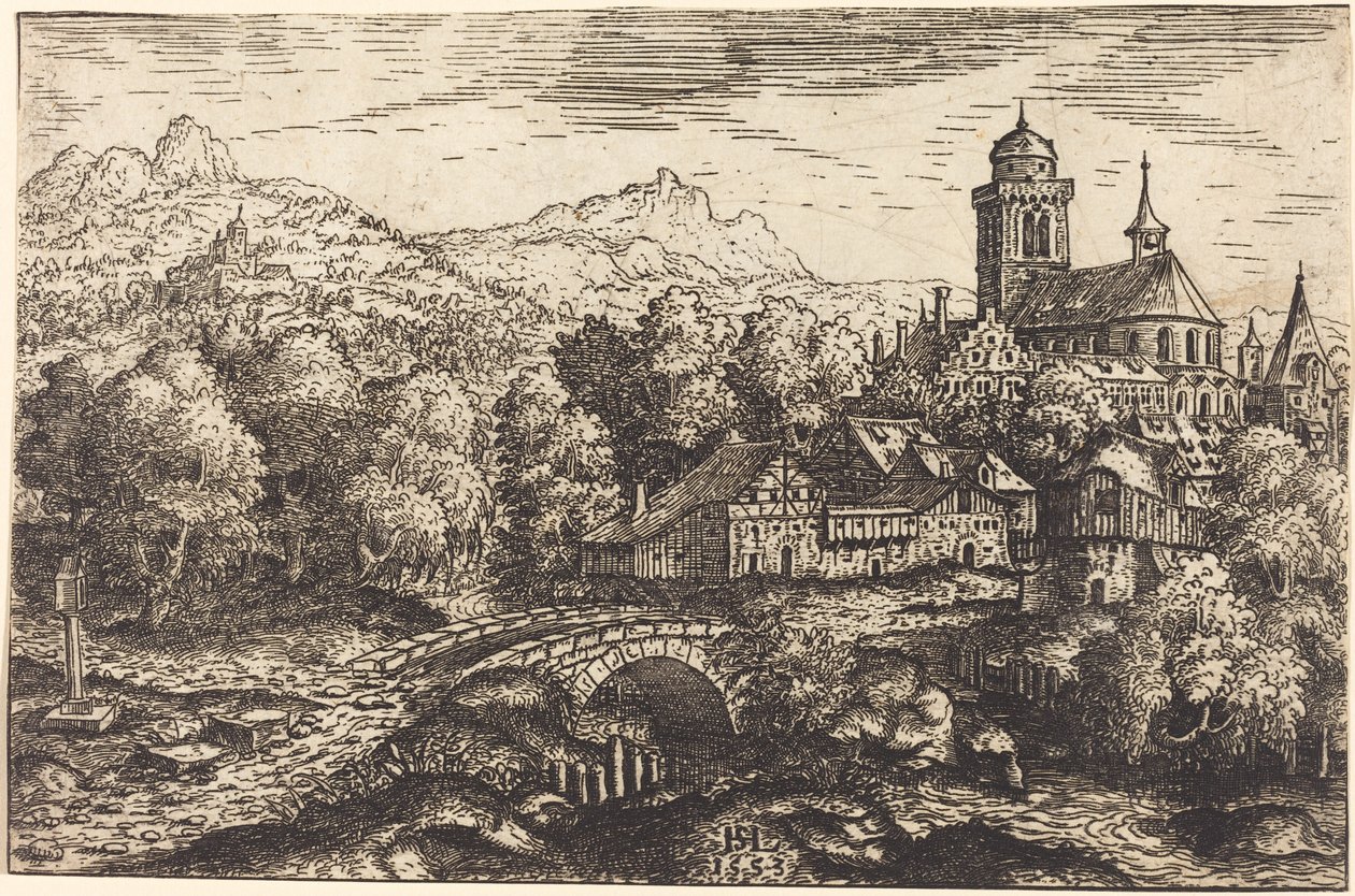 Pejzaż górski ze wsią, 1553. autorstwa Hans Sebald Lautensack